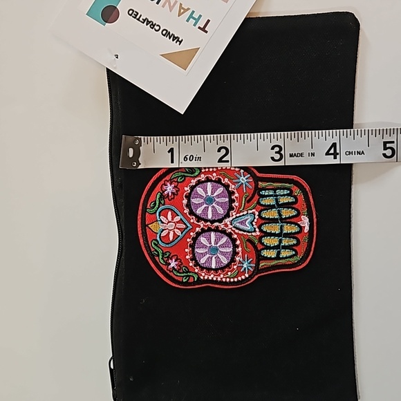 Hand Crafted black canvas pencil case zipper bag embroidery skull & butterfly - Picture 12 of 17